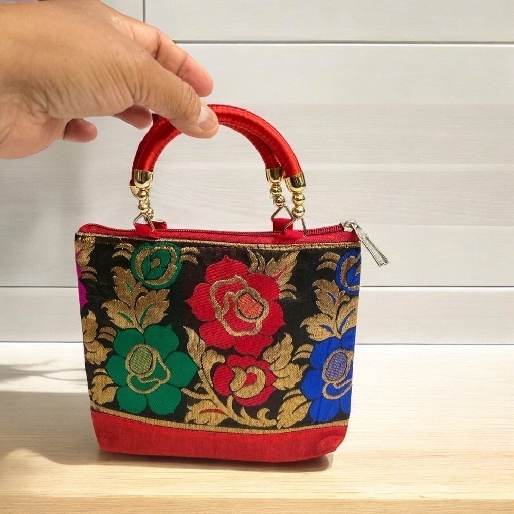 Hand bag raw silk with floral prints small. Asian, colorful, lightweight, cute